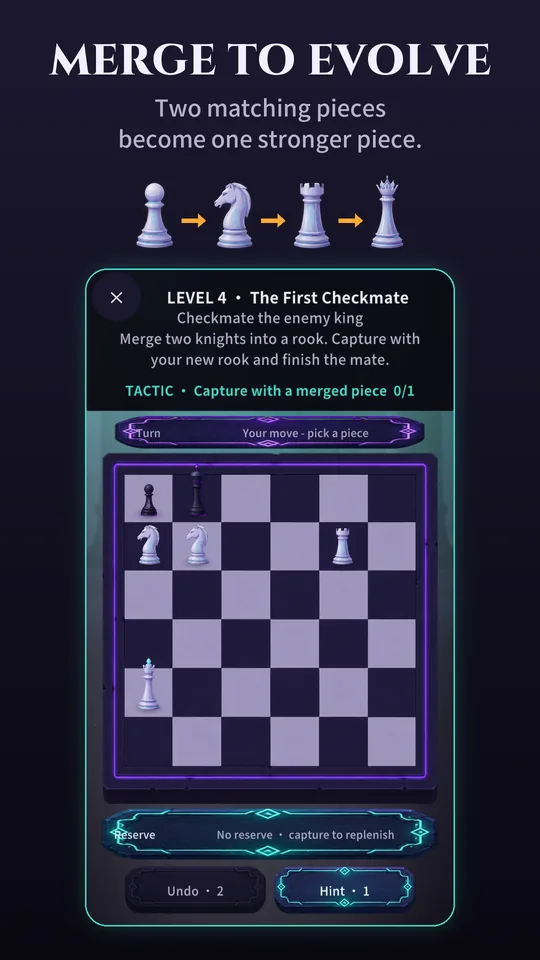 MergeMate level 4: merge two knights into a rook, capture with it and checkmate