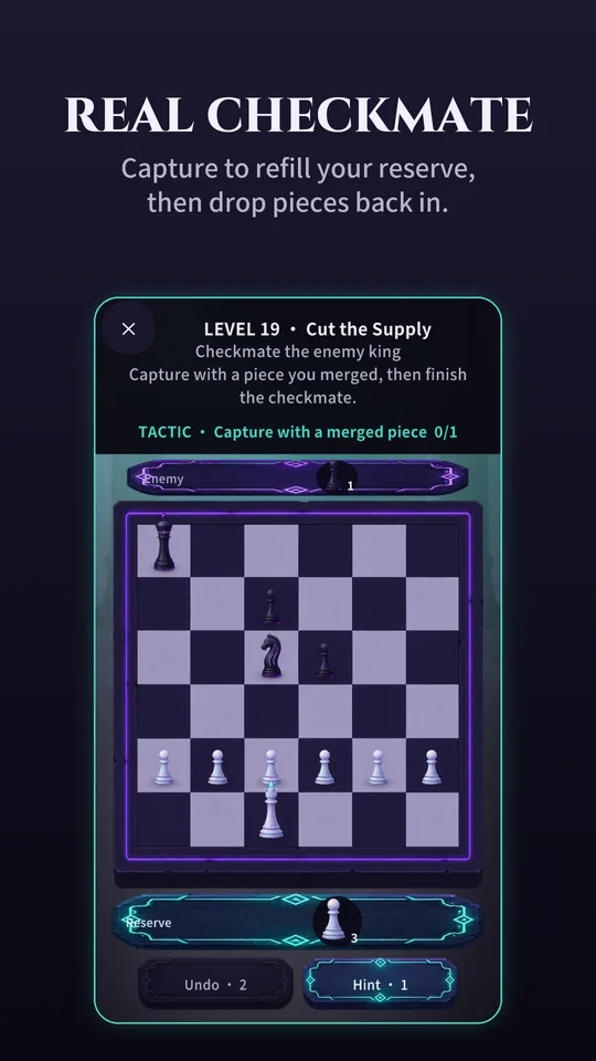 MergeMate level 19: capture enemy pieces to refill your reserve, then deploy them